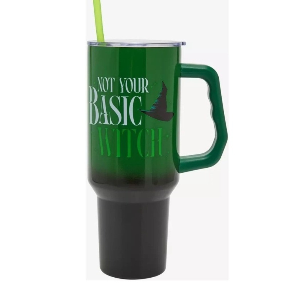 Wicked 40 oz Tumbler Not Your Basic Witch Green Black Handle Straw Lid Stanless